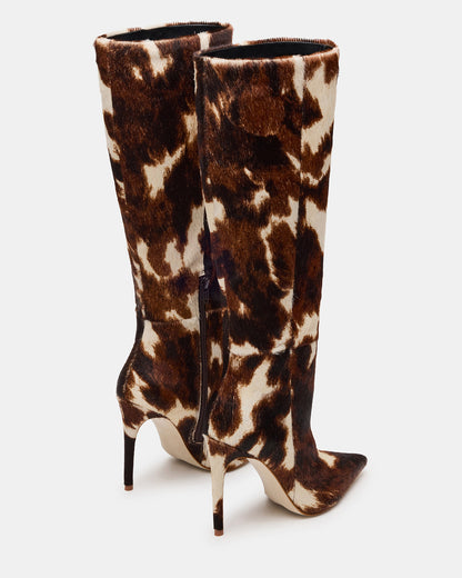 NITRO Brown Cow Print Pointed-Toe Stiletto Heel Knee-High Women's Boots | Steve Madden Premium