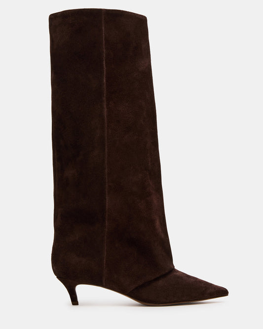 LUCA Brown Suede Pointed-Toe Cuffed Kitten Heel Women's Boot | Steve Madden Top Pick