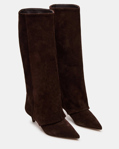 LUCA Brown Suede Pointed-Toe Cuffed Kitten Heel Women's Boot | Steve Madden Top Pick