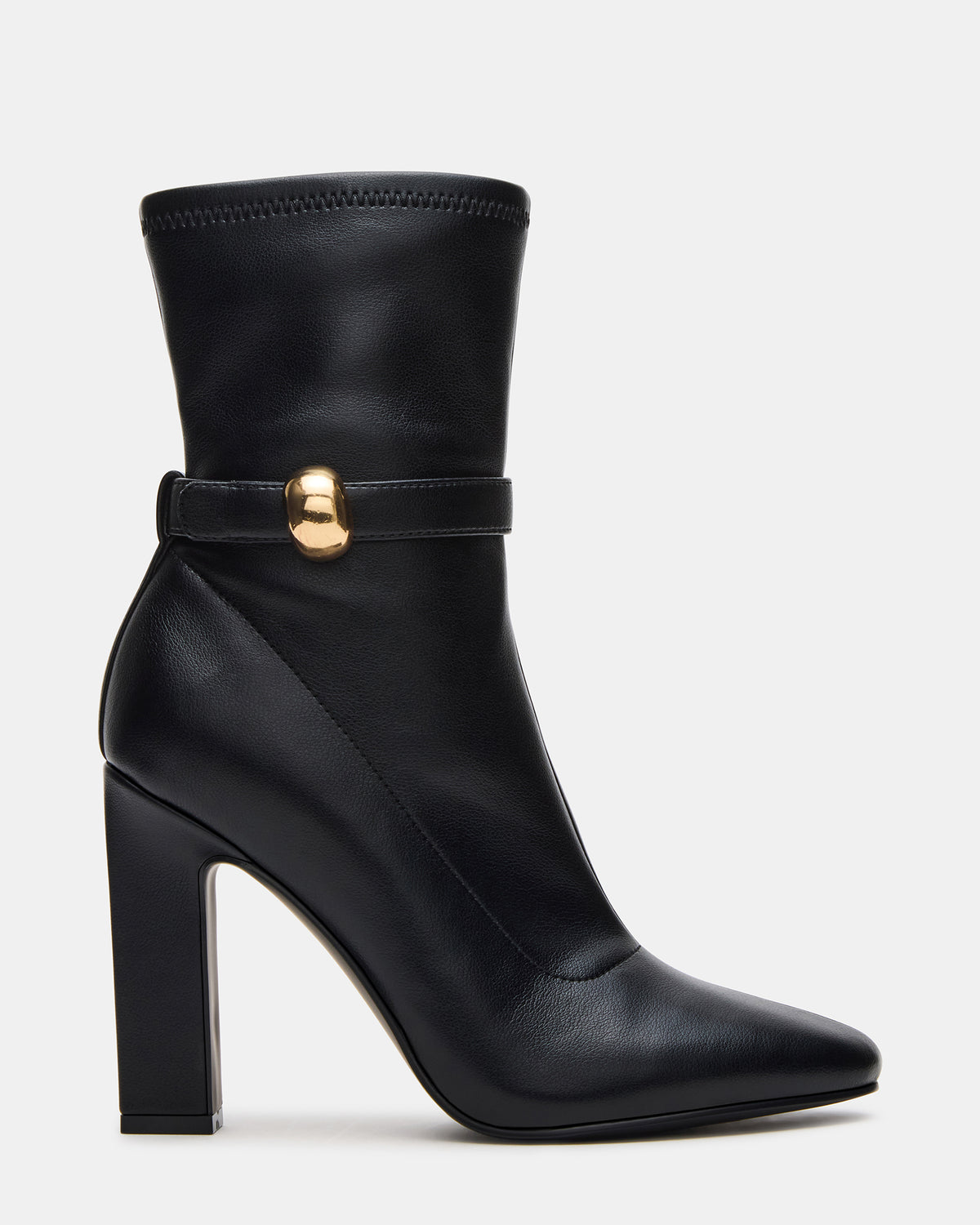 AROMA Black Buckle Gold Detail Block Heel Women's Ankle Boot | Steve Madden Special Offer