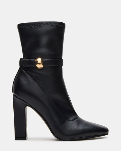 AROMA Black Buckle Gold Detail Block Heel Women's Ankle Boot | Steve Madden Special Offer