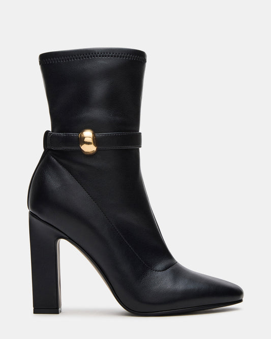 AROMA Black Buckle Gold Detail Block Heel Women's Ankle Boot | Steve Madden Special Offer