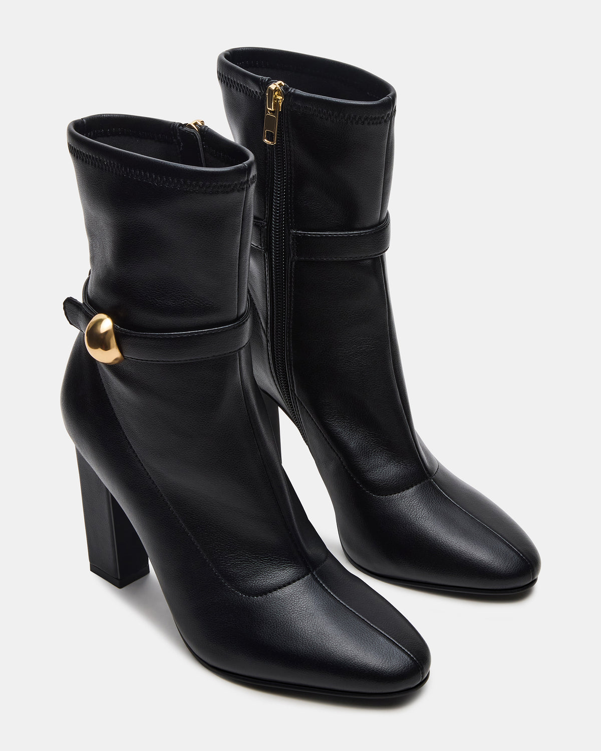 AROMA Black Buckle Gold Detail Block Heel Women's Ankle Boot | Steve Madden Special Offer