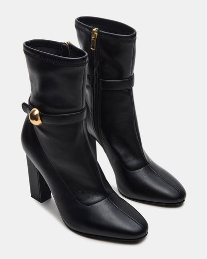 AROMA Black Buckle Gold Detail Block Heel Women's Ankle Boot | Steve Madden Special Offer
