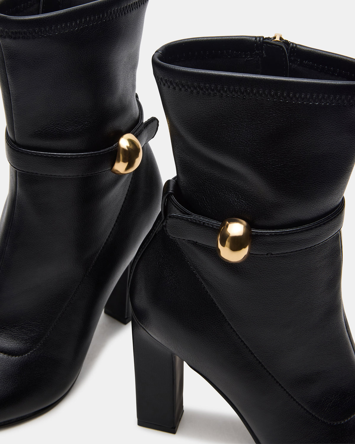 AROMA Black Buckle Gold Detail Block Heel Women's Ankle Boot | Steve Madden Special Offer