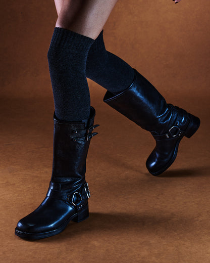 ASTOR Black Leather Knee-High Boot | Women's Boots | Steve Madden Smart Buy