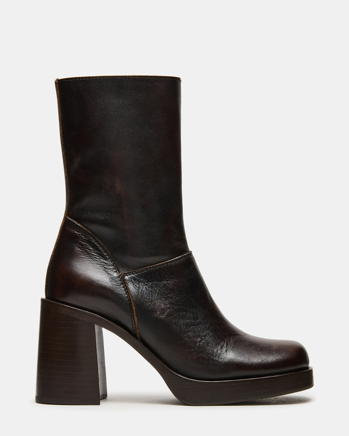 FUSION Brown Distressed Square-Toe Block Heel Women's Ankle Boot | Steve Madden Trending
