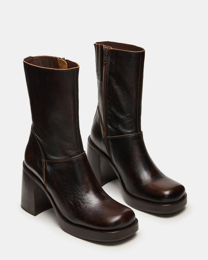 FUSION Brown Distressed Square-Toe Block Heel Women's Ankle Boot | Steve Madden Trending