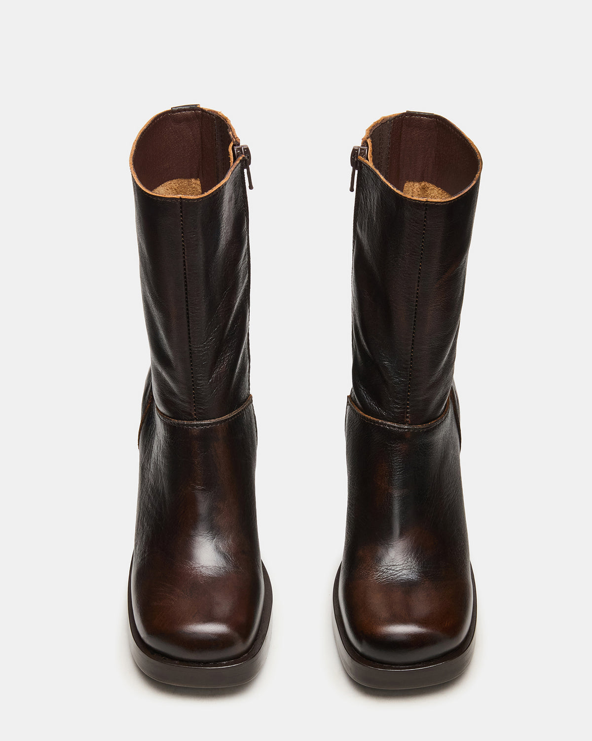 FUSION Brown Distressed Square-Toe Block Heel Women's Ankle Boot | Steve Madden Trending