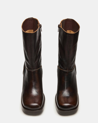 FUSION Brown Distressed Square-Toe Block Heel Women's Ankle Boot | Steve Madden Trending