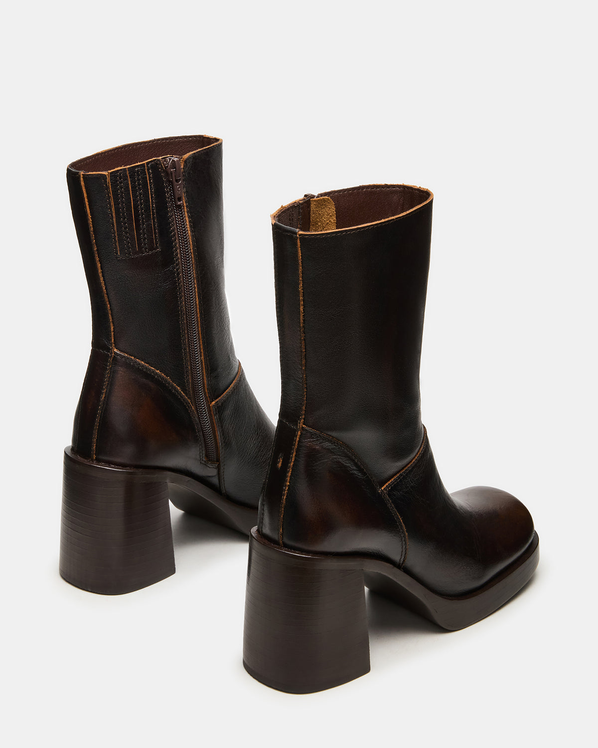 FUSION Brown Distressed Square-Toe Block Heel Women's Ankle Boot | Steve Madden Trending