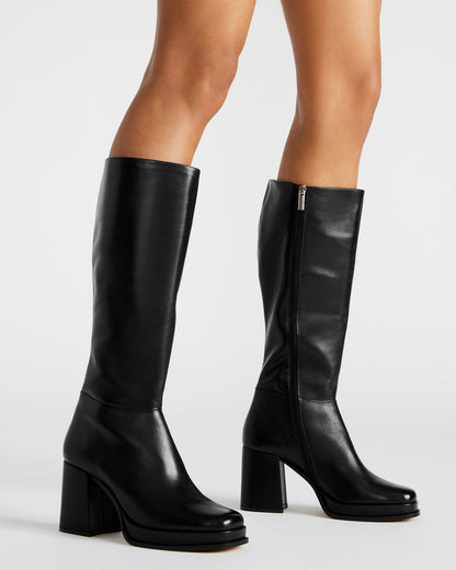 MYSTERY Black Leather Women's Block Heel Platform Boot | Steve Madden Everyday