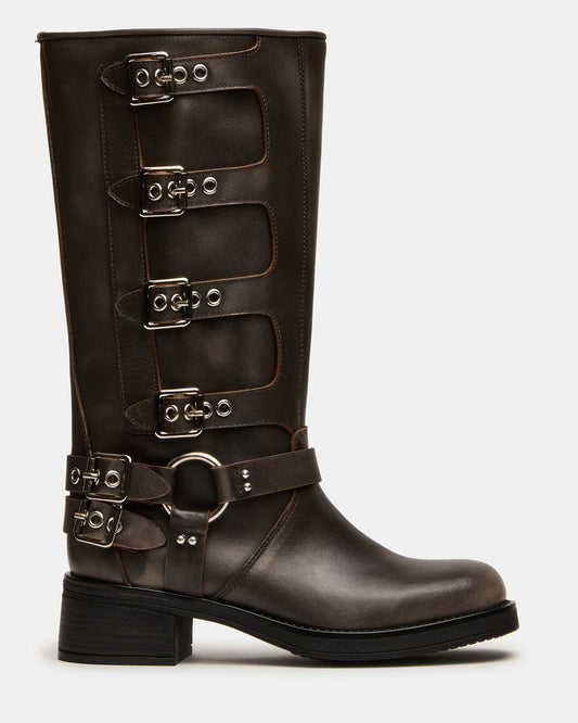 ROCKY Brown Distressed Wide Calf Knee-High Moto Women's Boot | Steve Madden Trending