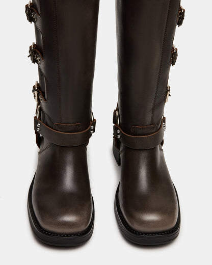 ROCKY Brown Distressed Wide Calf Knee-High Moto Women's Boot | Steve Madden Trending
