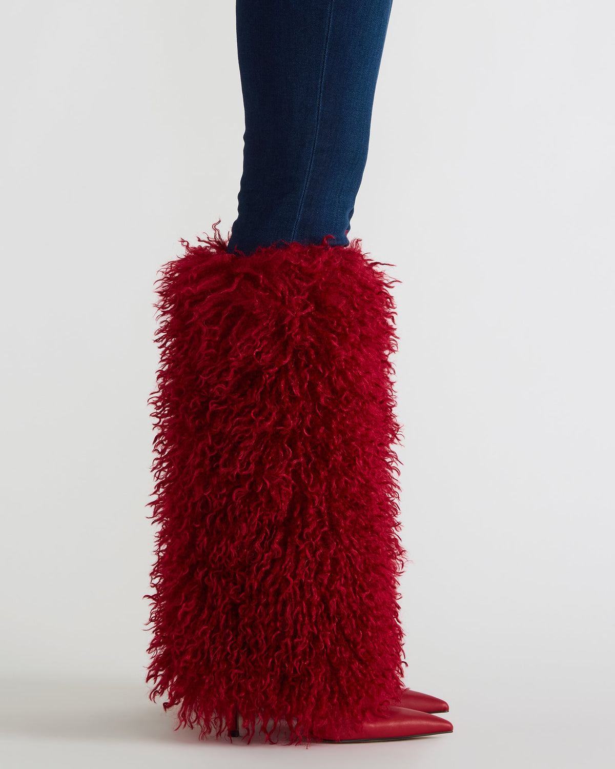 ICON Red Pointed-Toe Faux Fur Knee-High Stiletto Heel Women's Boot | Steve Madden New
