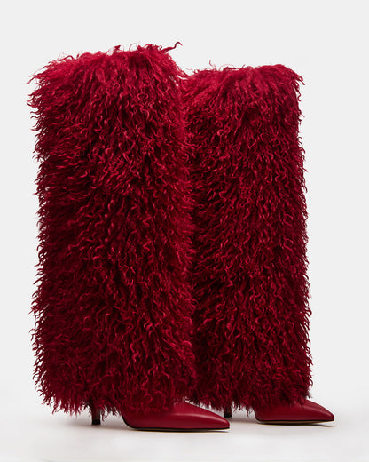 ICON Red Pointed-Toe Faux Fur Knee-High Stiletto Heel Women's Boot | Steve Madden New