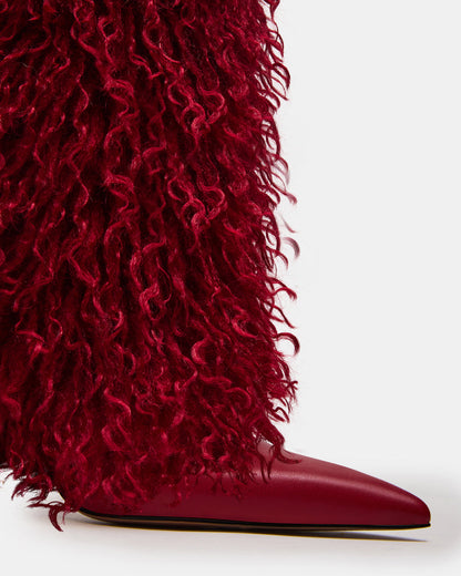ICON Red Pointed-Toe Faux Fur Knee-High Stiletto Heel Women's Boot | Steve Madden New