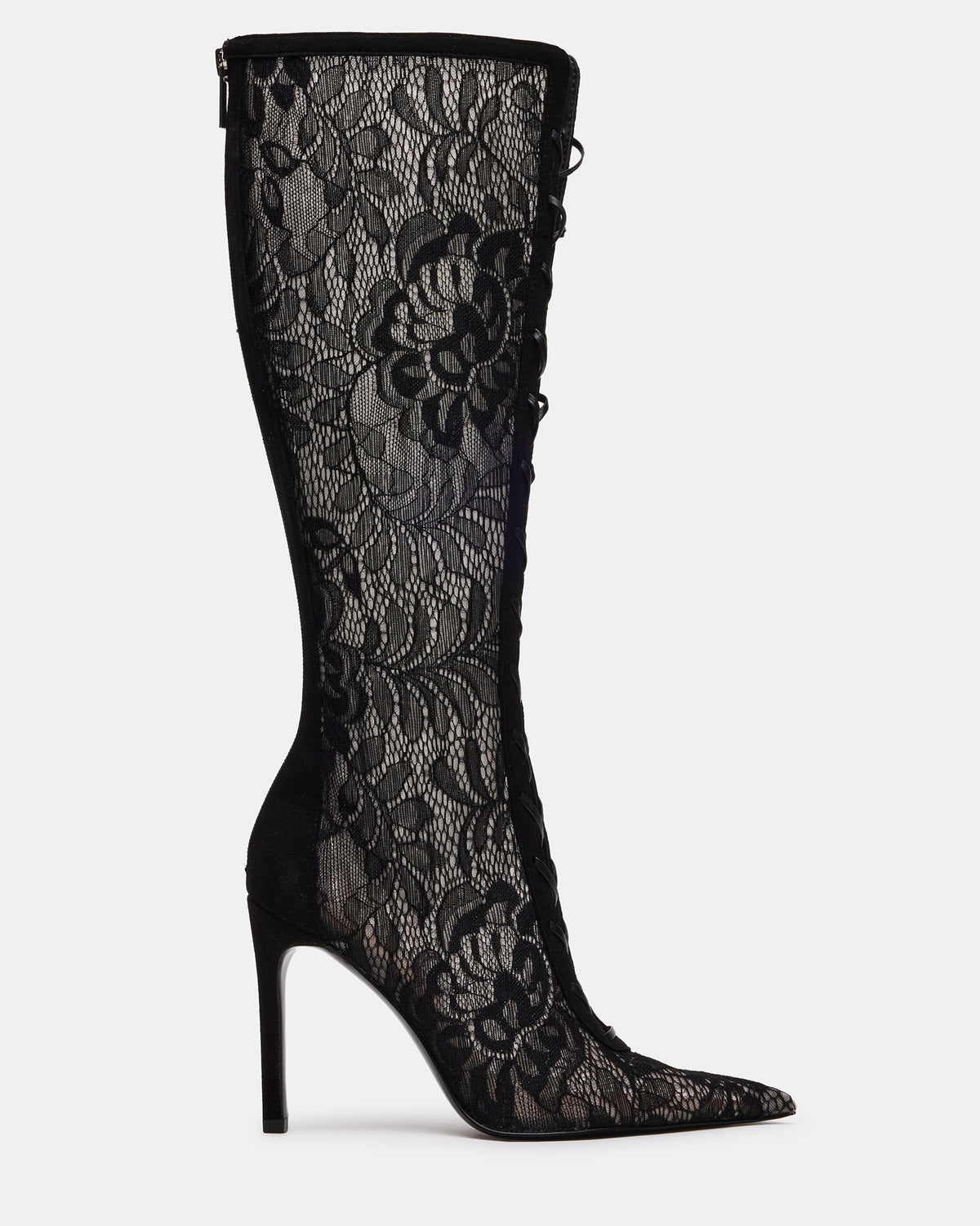 MAXINE Black Lace Pointed-Toe Knee-High Lace-Up Stiletto Women's Boot | Steve Madden Best Price