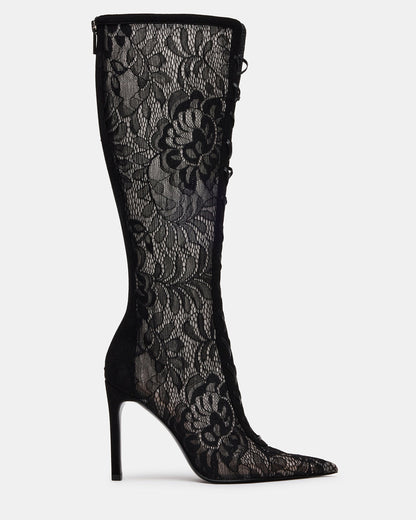 MAXINE Black Lace Pointed-Toe Knee-High Lace-Up Stiletto Women's Boot | Steve Madden Best Price