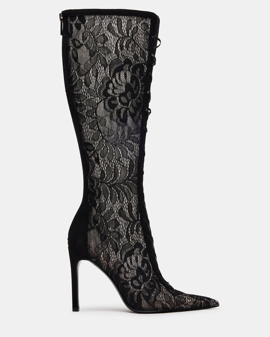 MAXINE Black Lace Pointed-Toe Knee-High Lace-Up Stiletto Women's Boot | Steve Madden Best Price