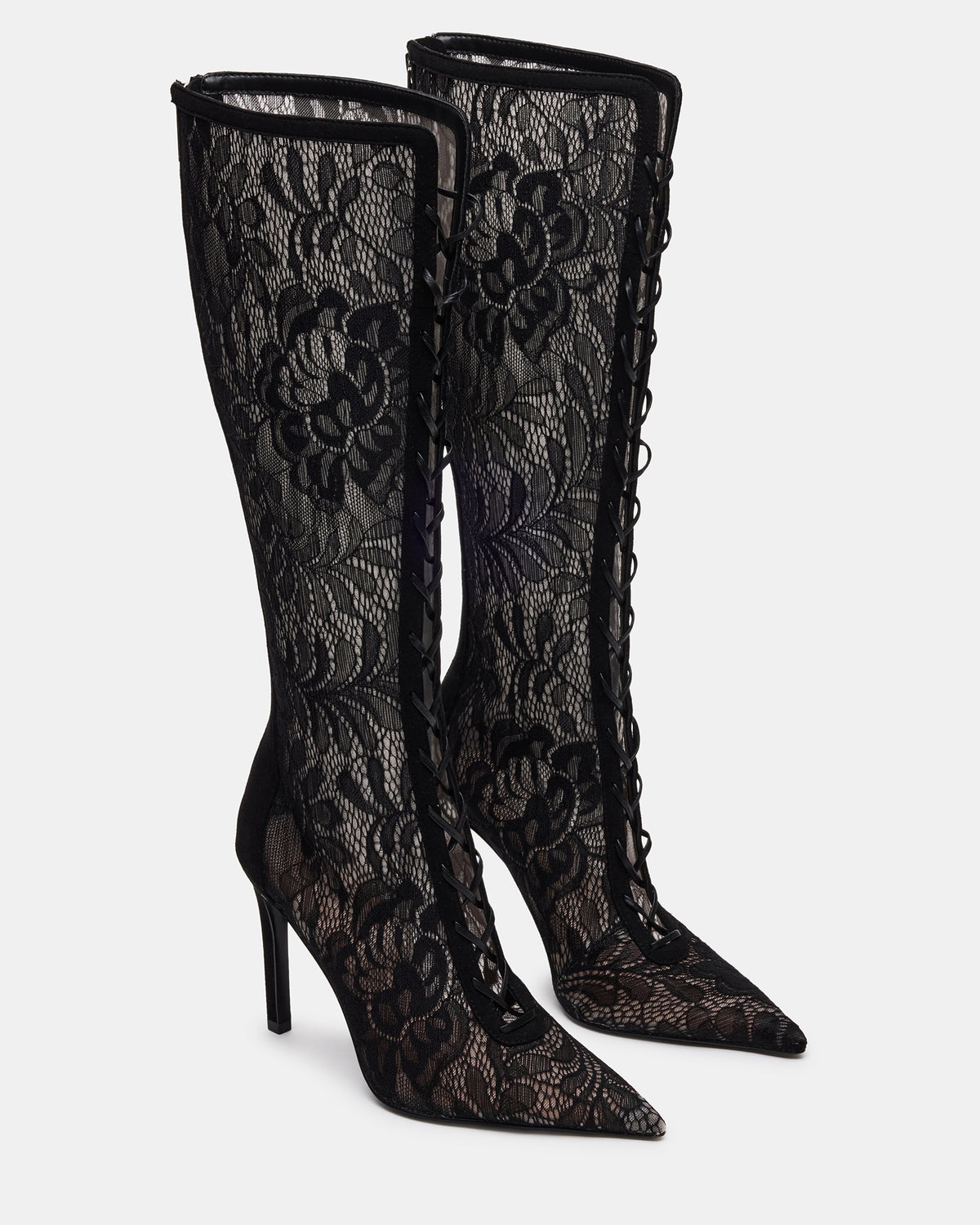 MAXINE Black Lace Pointed-Toe Knee-High Lace-Up Stiletto Women's Boot | Steve Madden Best Price