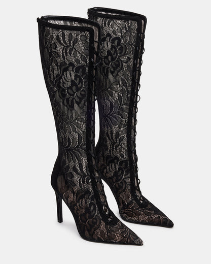 MAXINE Black Lace Pointed-Toe Knee-High Lace-Up Stiletto Women's Boot | Steve Madden Best Price