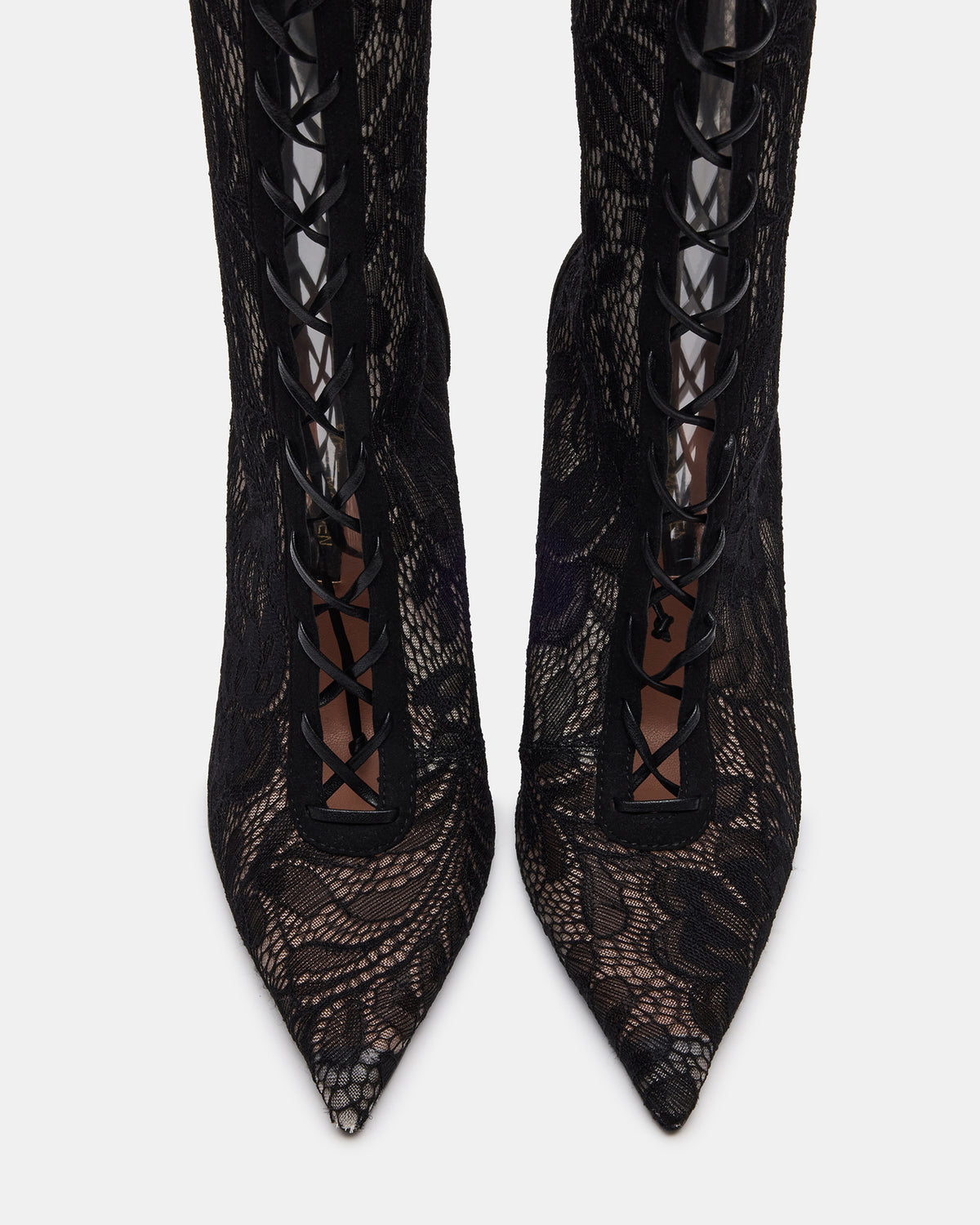 MAXINE Black Lace Pointed-Toe Knee-High Lace-Up Stiletto Women's Boot | Steve Madden Best Price