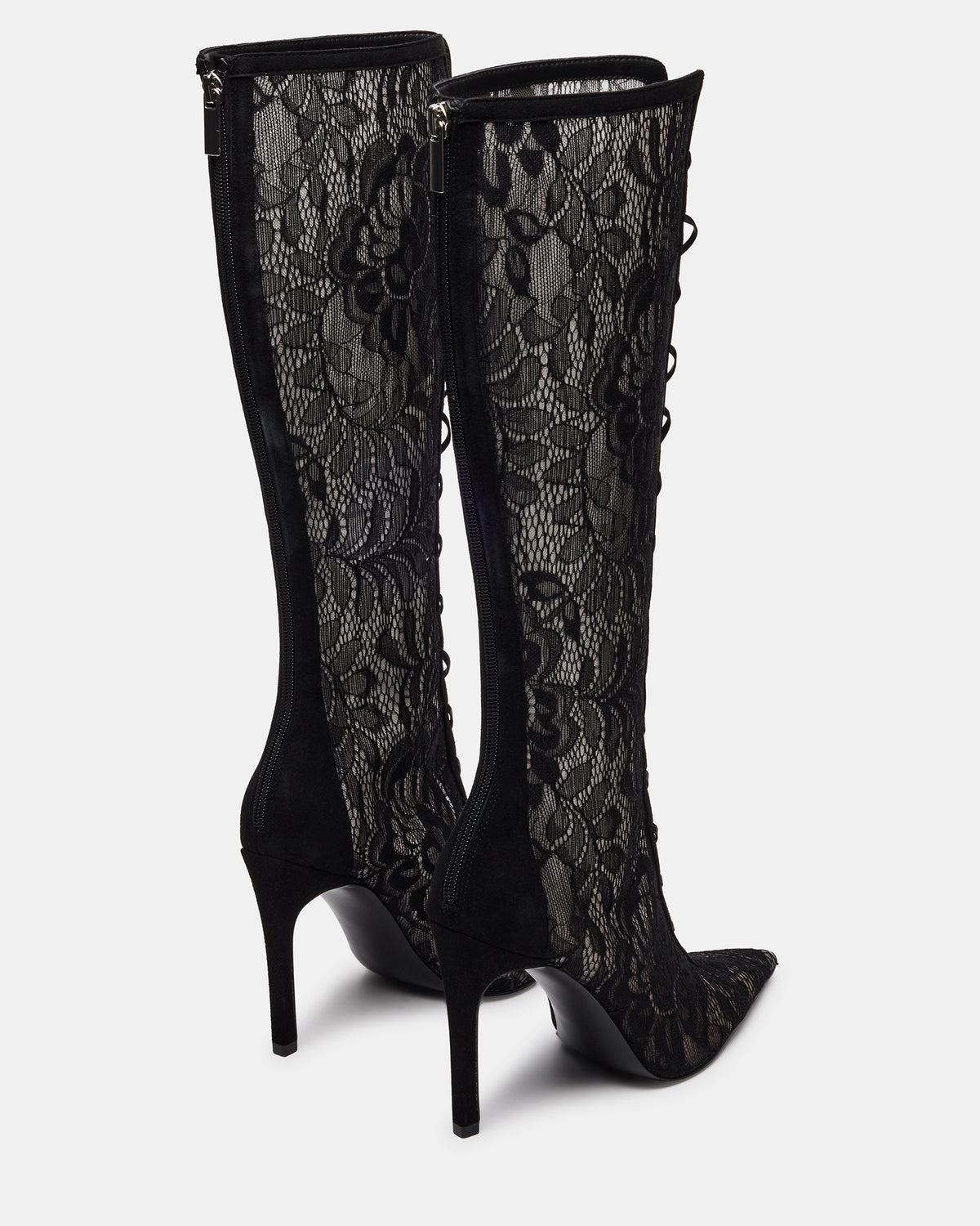 MAXINE Black Lace Pointed-Toe Knee-High Lace-Up Stiletto Women's Boot | Steve Madden Best Price
