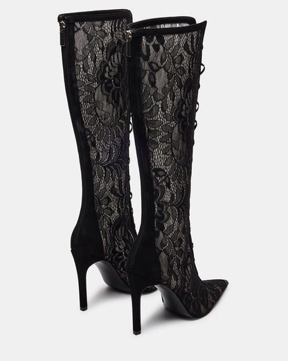 MAXINE Black Lace Pointed-Toe Knee-High Lace-Up Stiletto Women's Boot | Steve Madden Best Price