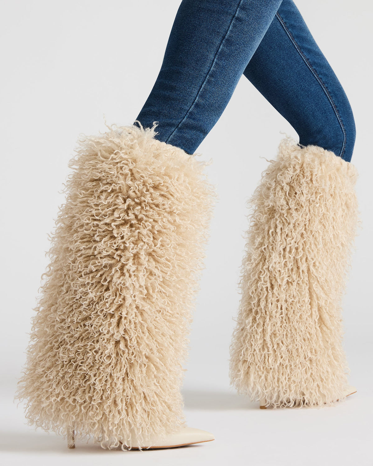 ICON Off-White Pointed-Toe Faux Fur Knee-High Stiletto Heel Women's Boot | Steve Madden Best Price
