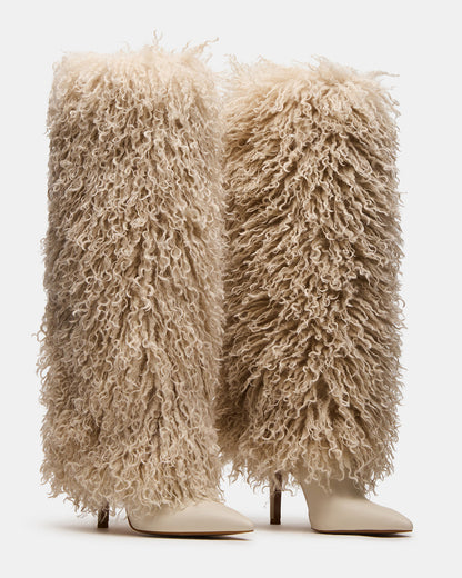 ICON Off-White Pointed-Toe Faux Fur Knee-High Stiletto Heel Women's Boot | Steve Madden Best Price