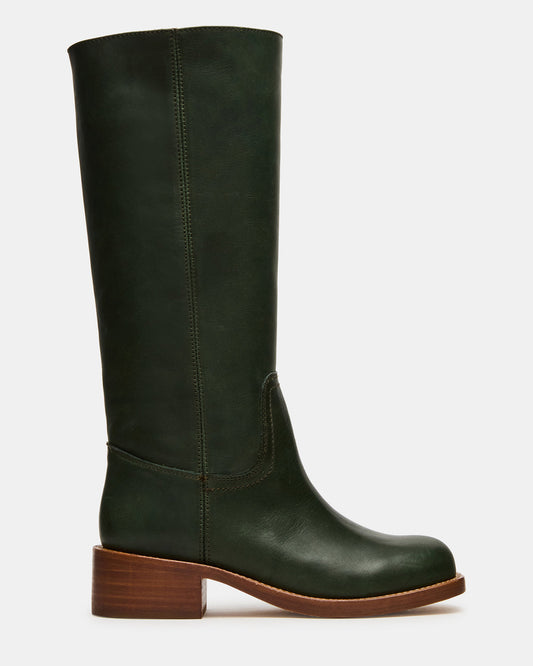 RIGGS Dark Green Leather Square-Toe Women's Boot | Steve Madden Customer Favorite
