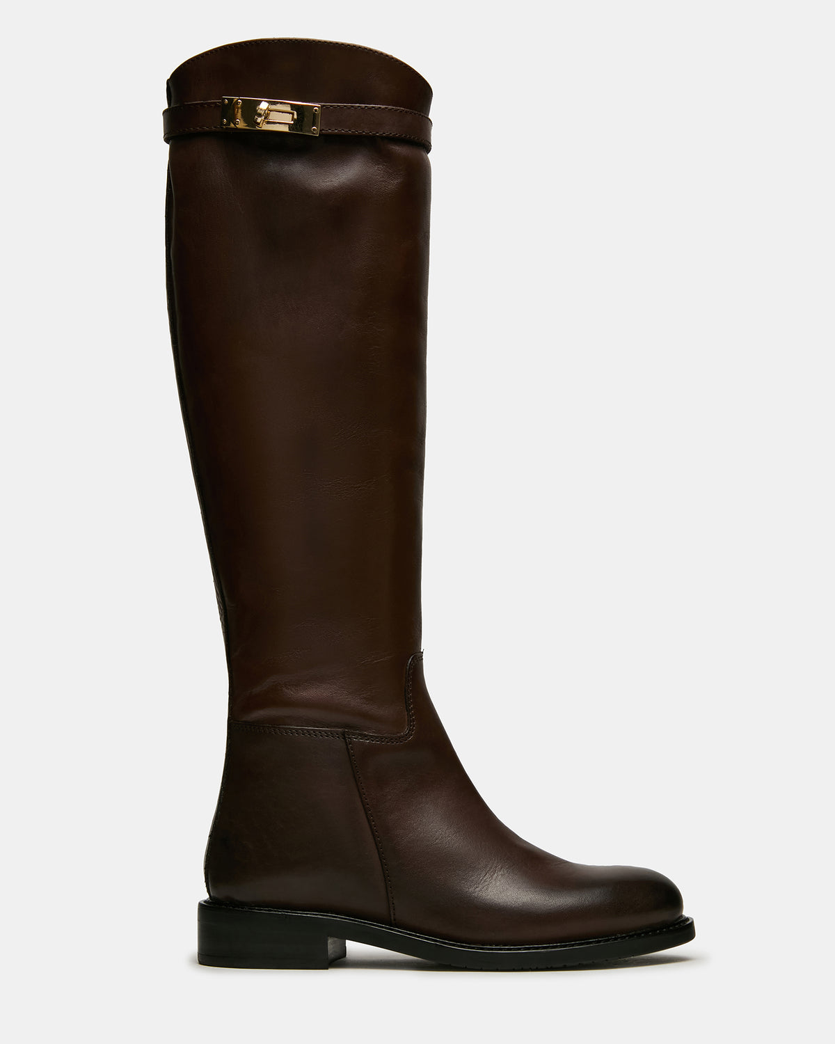 BEXLEY Brown Leather Knee-High Round-Toe Buckle Women's Boot | Steve Madden Deals