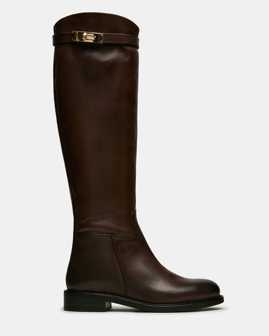 BEXLEY Brown Leather Knee-High Round-Toe Buckle Women's Boot | Steve Madden Deals