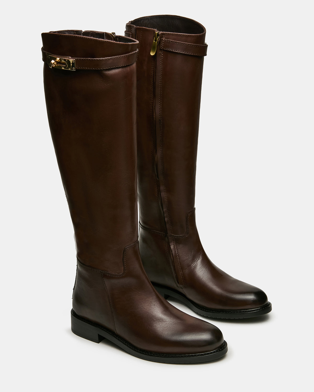 BEXLEY Brown Leather Knee-High Round-Toe Buckle Women's Boot | Steve Madden Deals