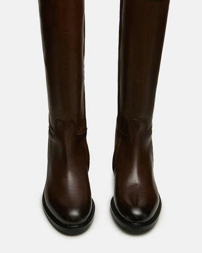 BEXLEY Brown Leather Knee-High Round-Toe Buckle Women's Boot | Steve Madden Deals