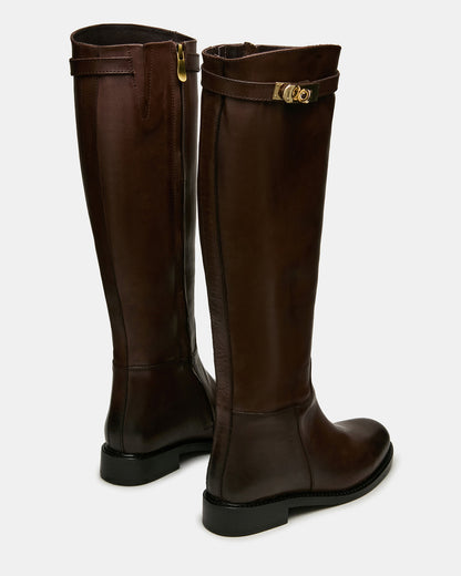 BEXLEY Brown Leather Knee-High Round-Toe Buckle Women's Boot | Steve Madden Deals