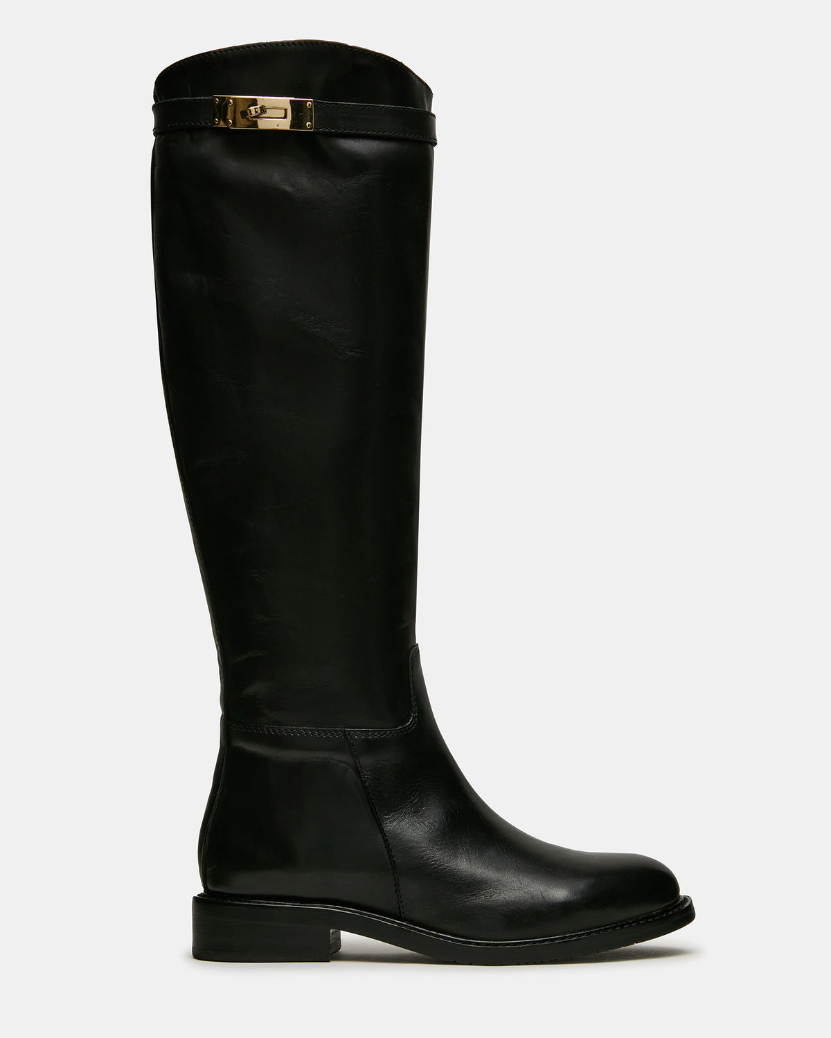 BEXLEY Black Leather Knee-High Round-Toe Buckle Women's Boot | Steve Madden Everyday