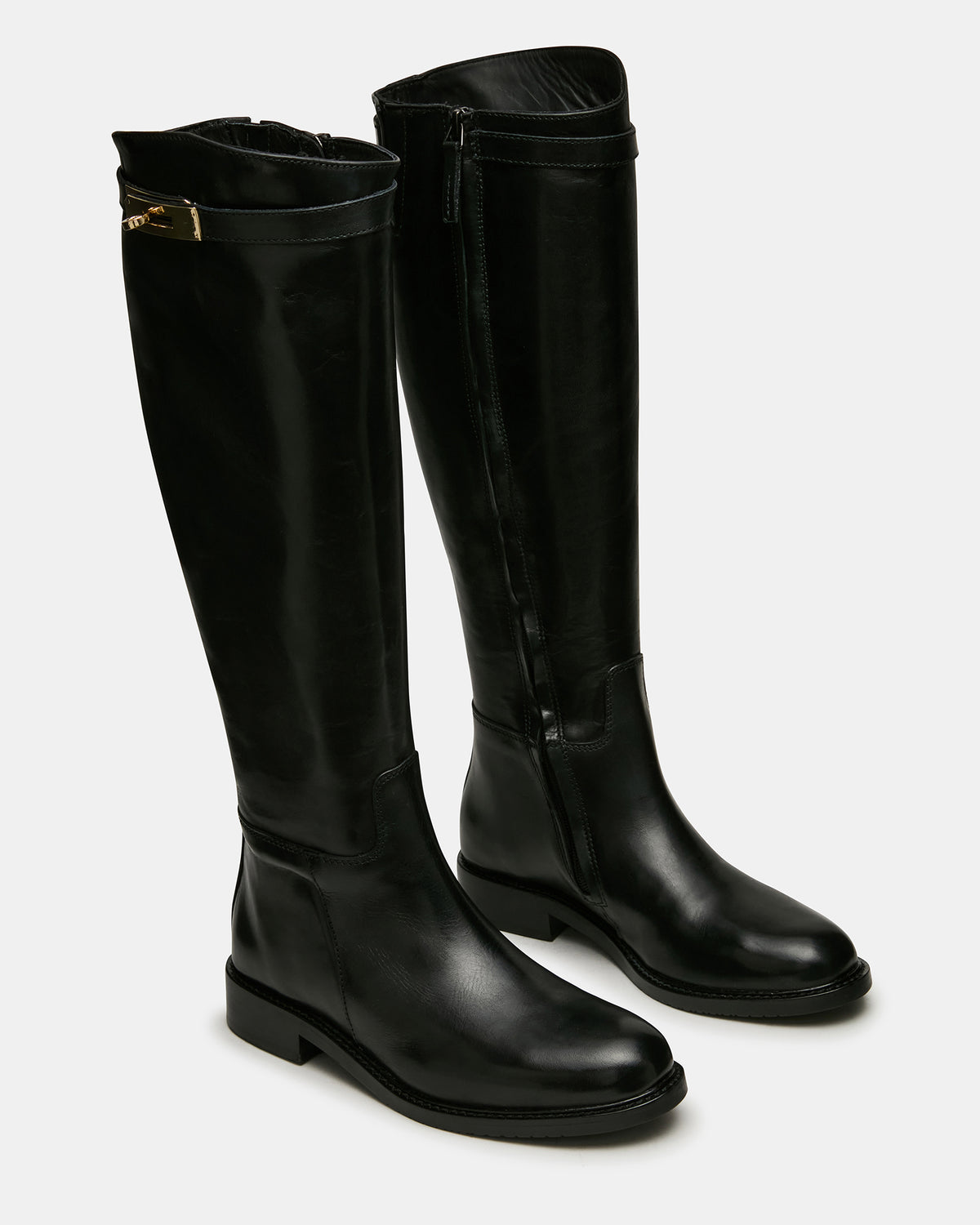 BEXLEY Black Leather Knee-High Round-Toe Buckle Women's Boot | Steve Madden Everyday