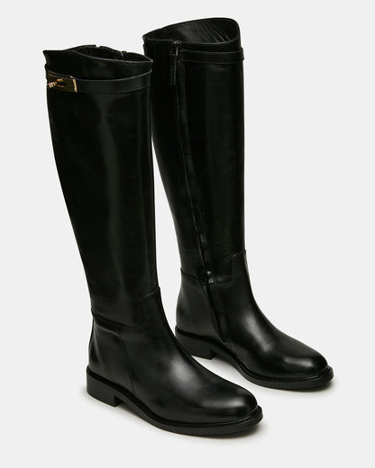 BEXLEY Black Leather Knee-High Round-Toe Buckle Women's Boot | Steve Madden Everyday