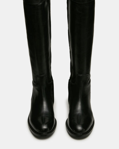 BEXLEY Black Leather Knee-High Round-Toe Buckle Women's Boot | Steve Madden Everyday