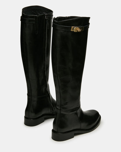 BEXLEY Black Leather Knee-High Round-Toe Buckle Women's Boot | Steve Madden Everyday