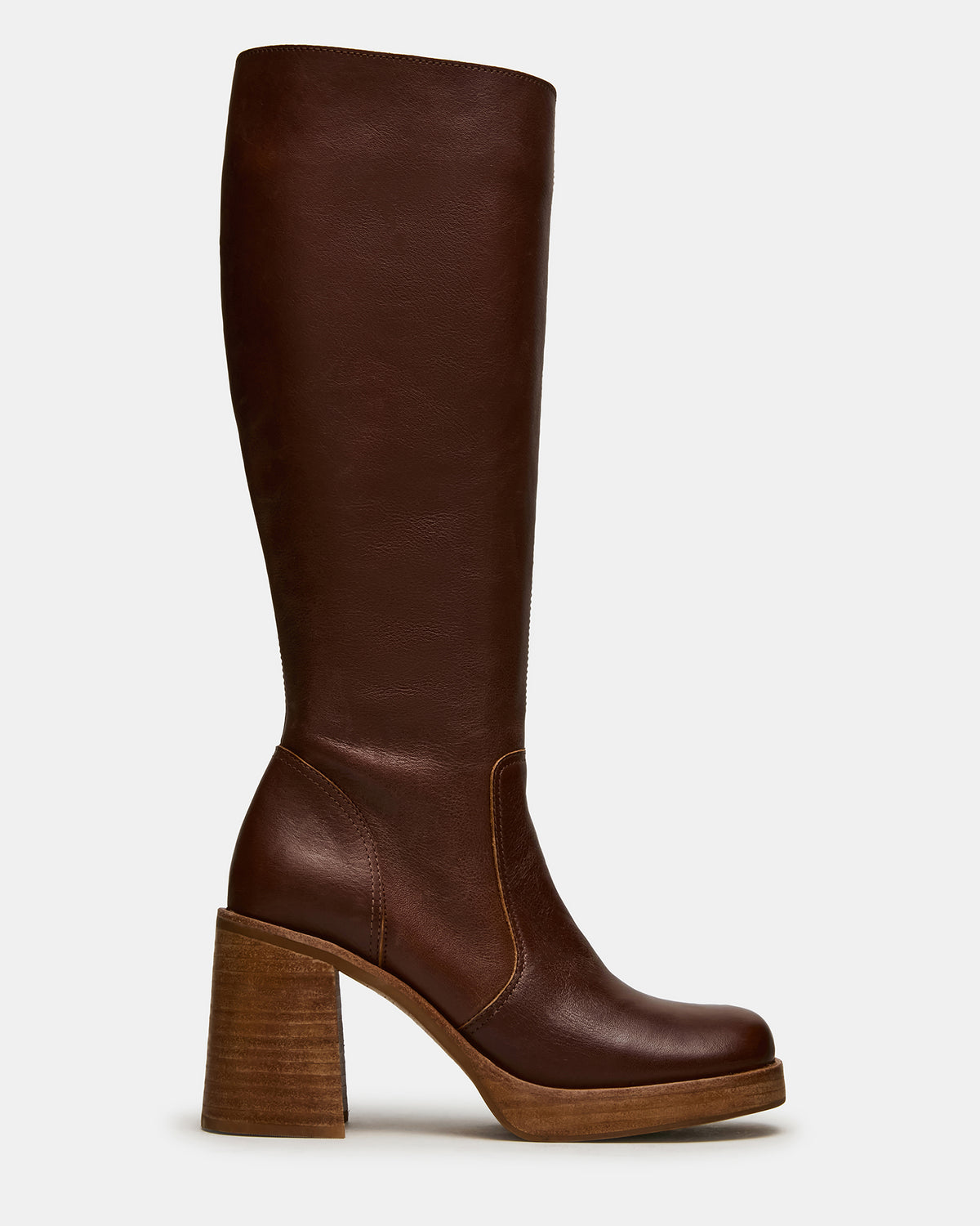 FOLIE Rust Leather Square-Toe Block Heel Knee-High Women's Boot | Steve Madden Great Value