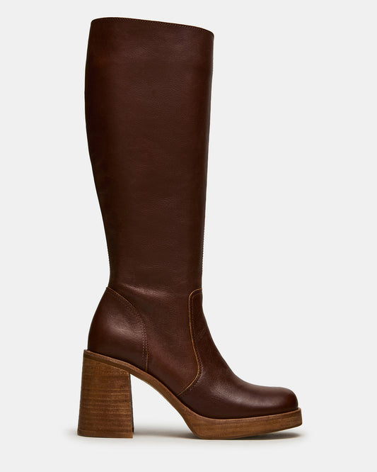FOLIE Rust Leather Square-Toe Block Heel Knee-High Women's Boot | Steve Madden Great Value