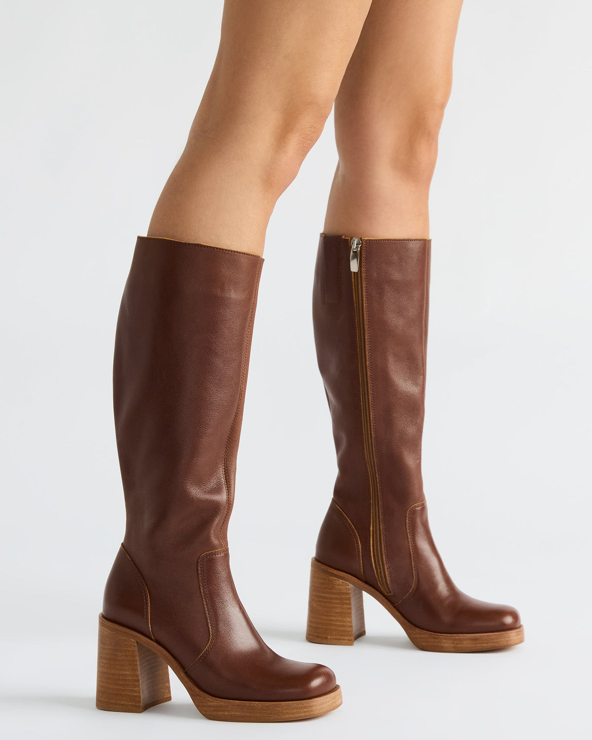 FOLIE Rust Leather Square-Toe Block Heel Knee-High Women's Boot | Steve Madden Great Value