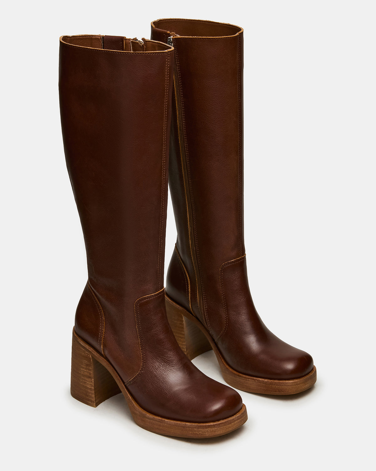 FOLIE Rust Leather Square-Toe Block Heel Knee-High Women's Boot | Steve Madden Great Value