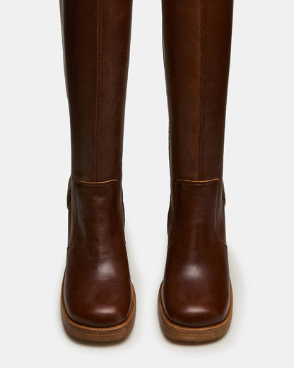 FOLIE Rust Leather Square-Toe Block Heel Knee-High Women's Boot | Steve Madden Great Value