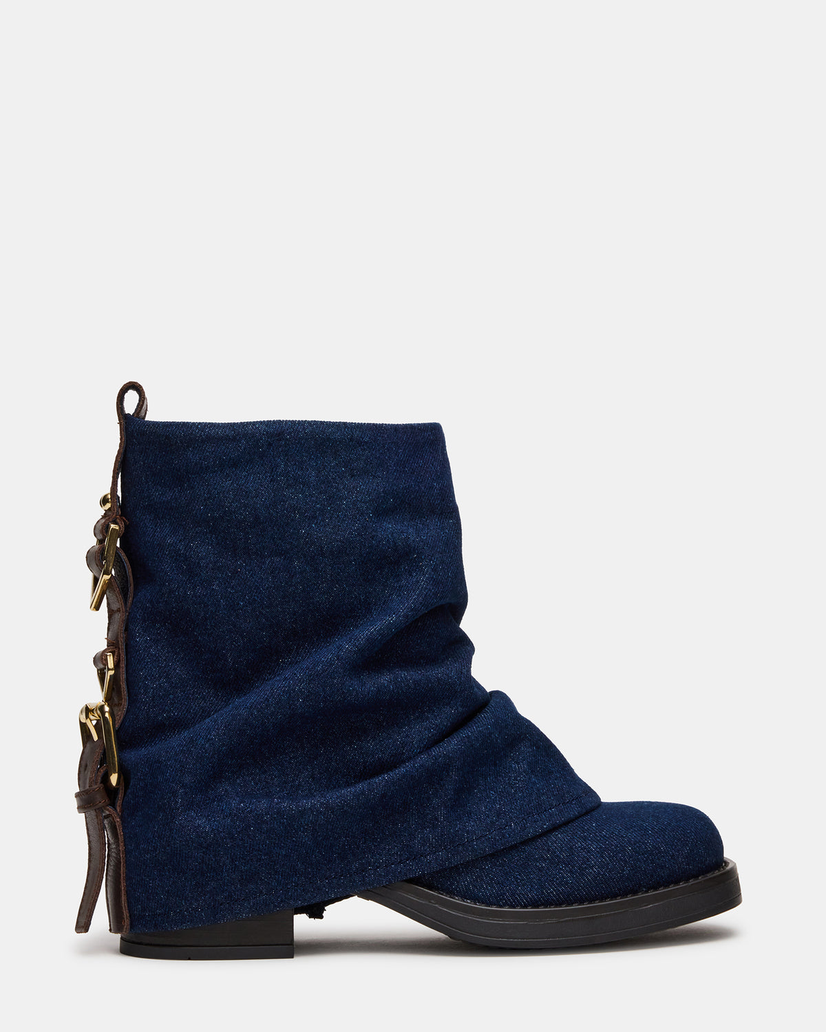 BENJI Denim Fabric Cuffed Fold-Over Moto Buckle Women's Ankle Boot | Steve Madden Deals