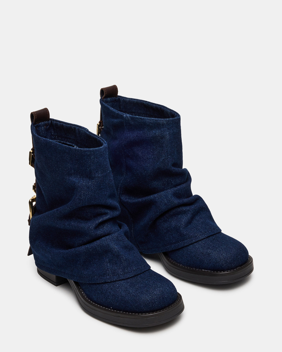BENJI Denim Fabric Cuffed Fold-Over Moto Buckle Women's Ankle Boot | Steve Madden Deals