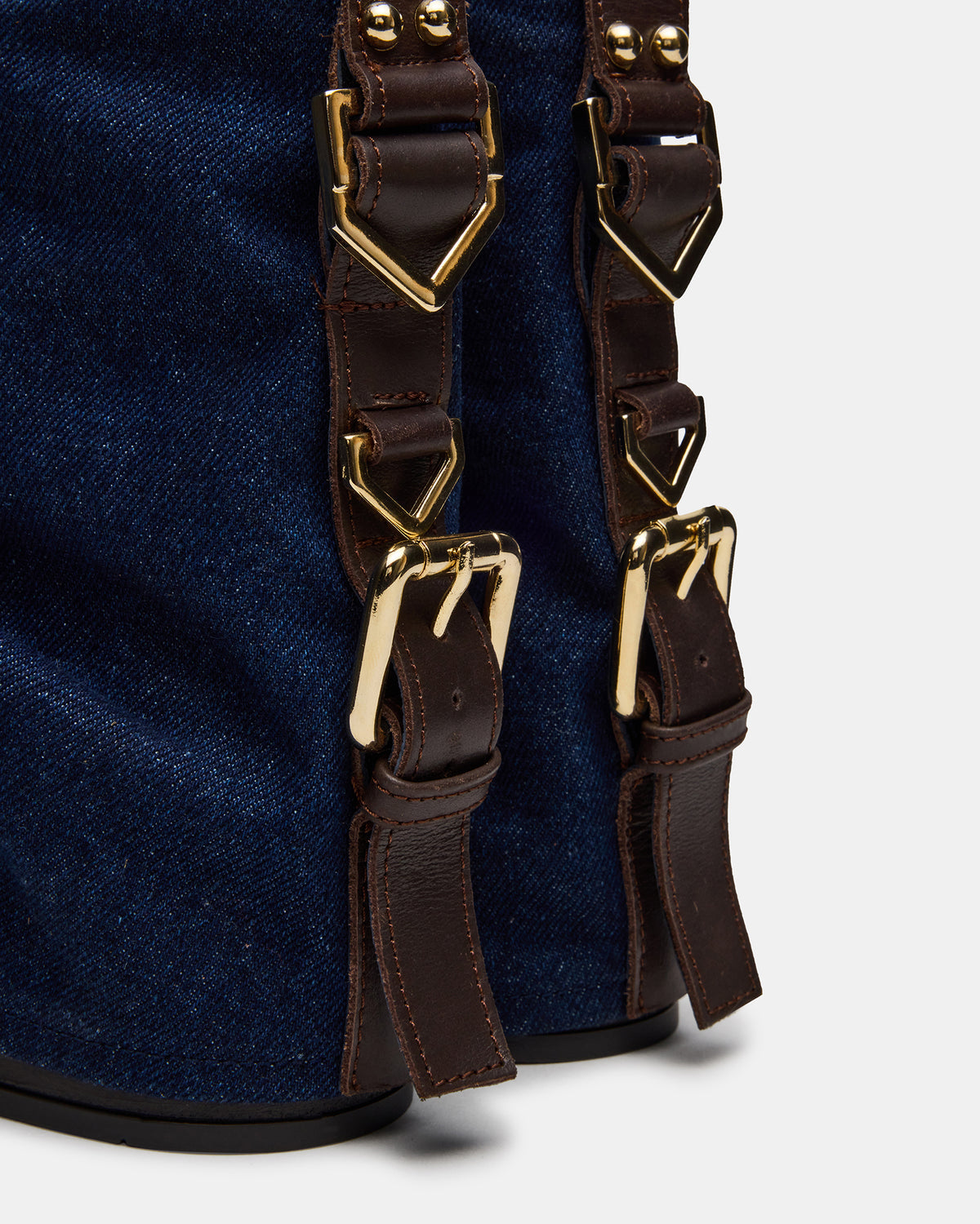 BENJI Denim Fabric Cuffed Fold-Over Moto Buckle Women's Ankle Boot | Steve Madden Deals